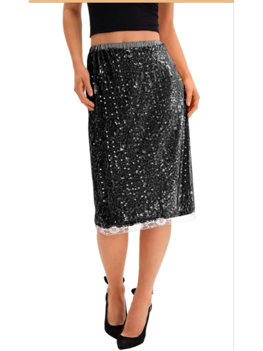 NEW Sequin Midi Skirts Y2K Elastic High Waisted Lace Trim Sparkly XL